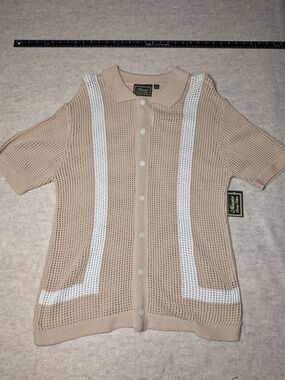 Massive Luxury Edition Men's Beige Open-Knit Button Cardigan with White Trim